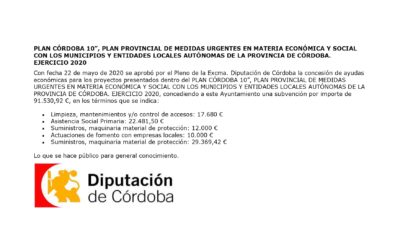 PLAN CÓRDOBA 10, PLAN PROVINCIAL DE MEDIDAS URGENTES EN MATERIA ECONÓMICA Y SOCIAL CON LOS MUNICIPIOS Y ENTIDADES LOCALES AUTÓNOMAS DE LA PROVINCIA DE CÓRDOBA. EJERCICIO 2020