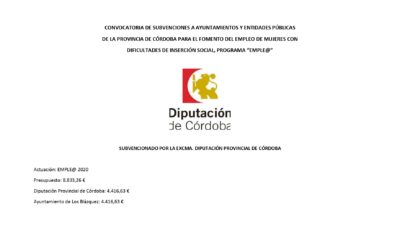 CONVOCATORIA DE SUBVENCIONES A AYUNTAMIENTOS Y ENTIDADES PÚBLICAS DE LA PROVINCIA DE CÓRDOBA PARA EL FOMENTO DEL EMPLEO DE MUJERES CON DIFICULTADES DE INSERCIÓN SOCIAL, PROGRAMA EMPLE@