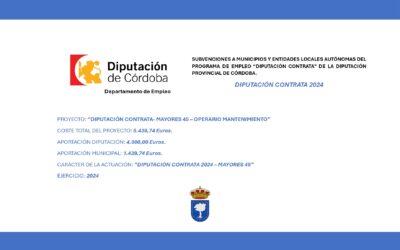 «El Ayuntamiento de Los Blázquez ha recibido una ayuda de la Diputación Provincial de Córdoba dentro de la convocatoria de subvenciones DIPUTACIÓN CONTRATA, para la ejecución del contrato de trabajo destinado a un OPERARIO DE MANTENIMIENTO destinado a Mayores de 45 años, según el plazo y órgano de selección establecido en las bases de la convocatoria».